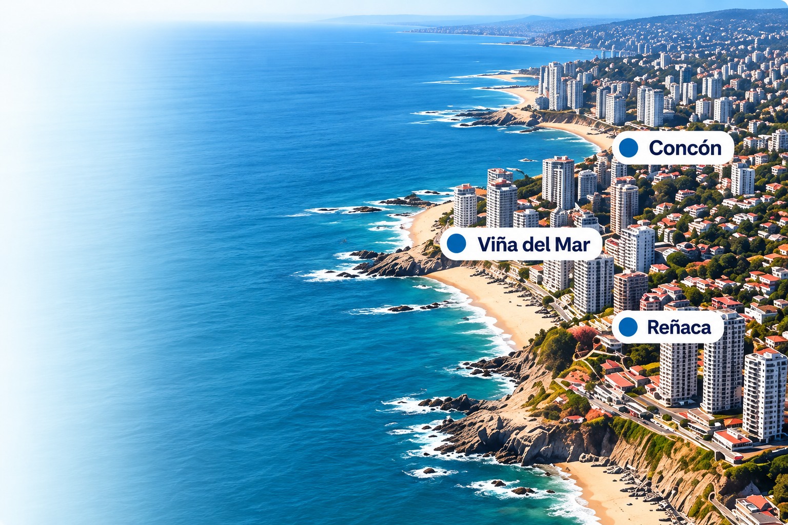 Vista aérea ilustrativa del litoral de Reñaca, Viña del Mar y Concón